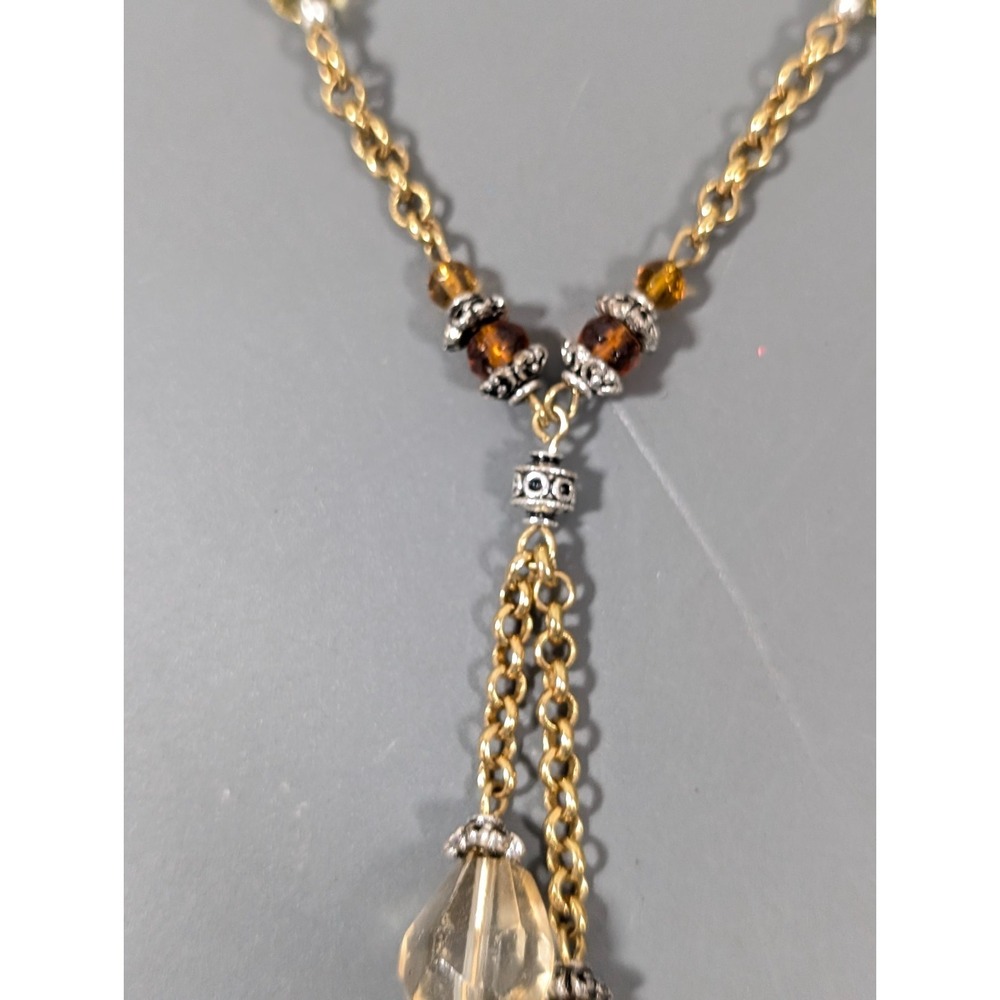Avon Double Chain‎ Lariat Amber Color Beaded Necklace Elegant Chic 19 in - Picture 4 of 12